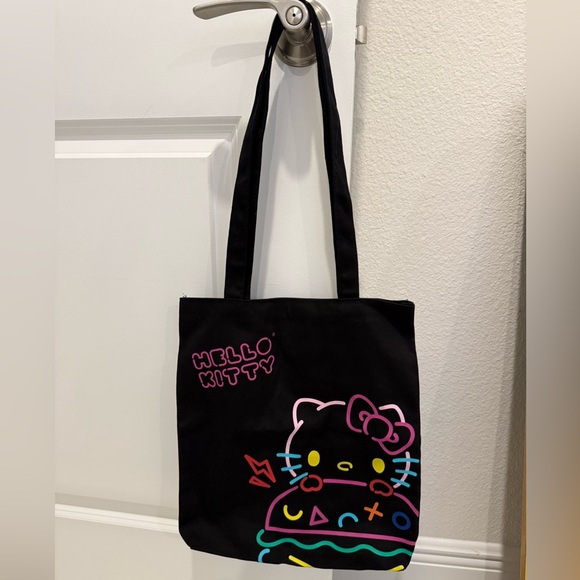 Black Canvas Tote Bag with Neon Hello Kitty Hamburger Design - Sanrio - Picture 1 of 6